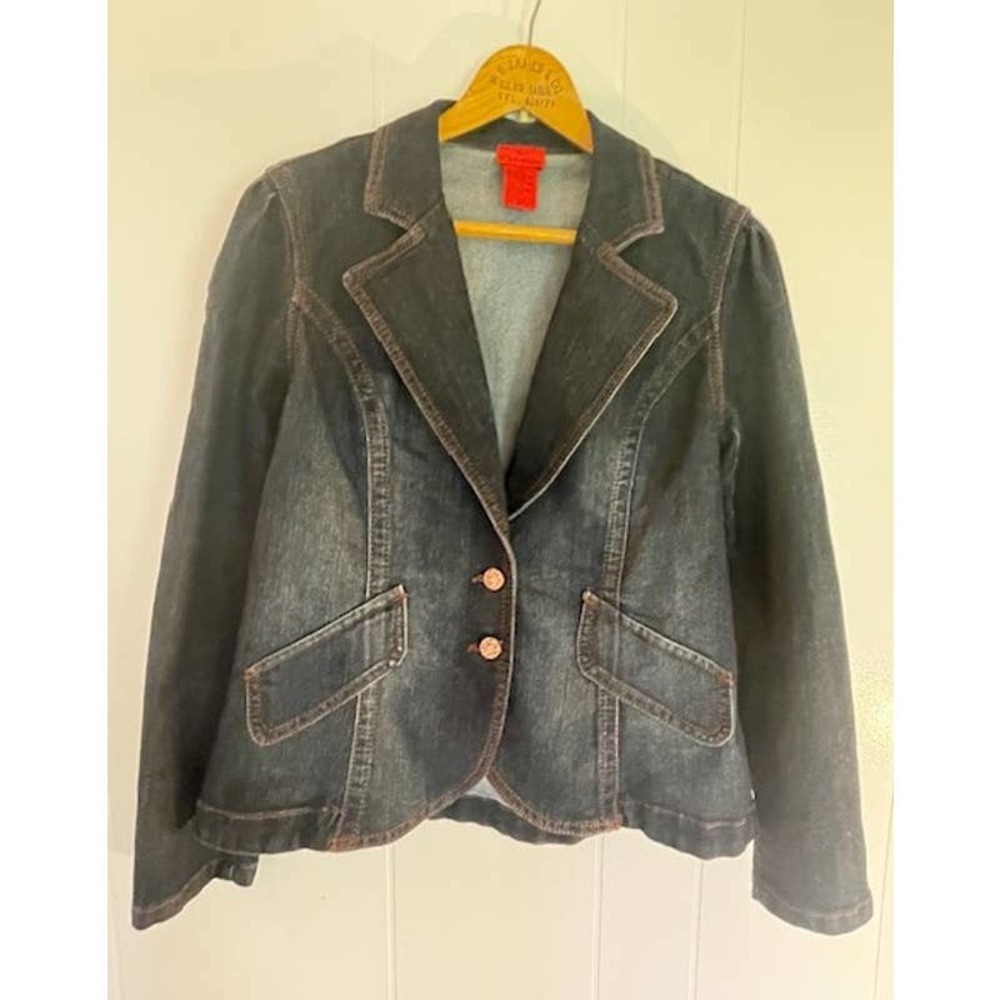Vintage Christina V Denim Button Front Blazer Jacket Studded Cross 2 Size Small - Picture 2 of 5